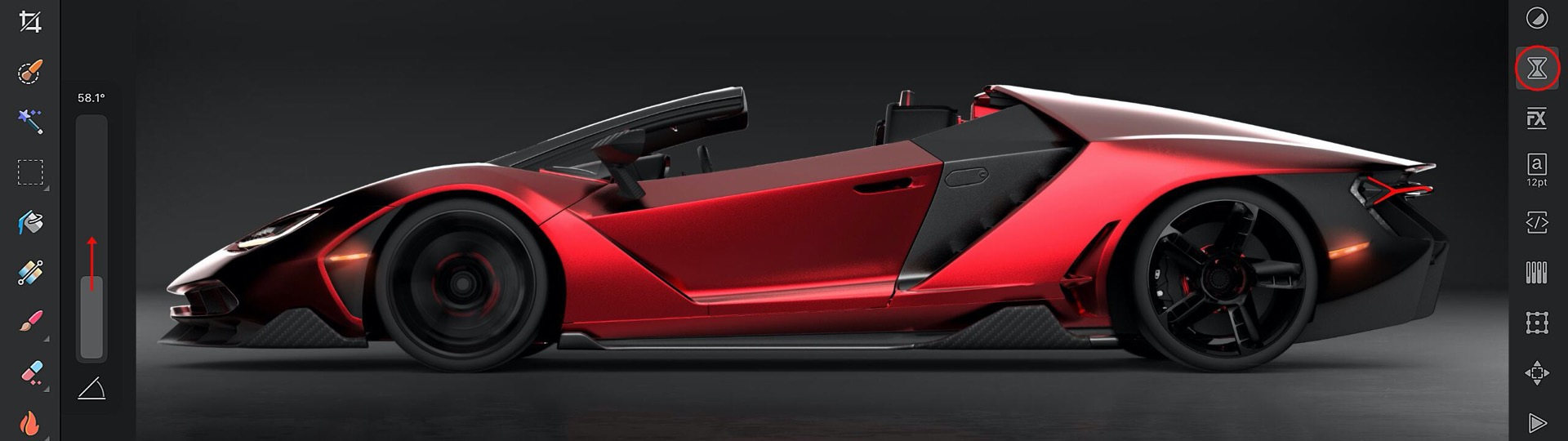 Filtr Live Radial Blur aplikovaný na kolo designu automobilu
