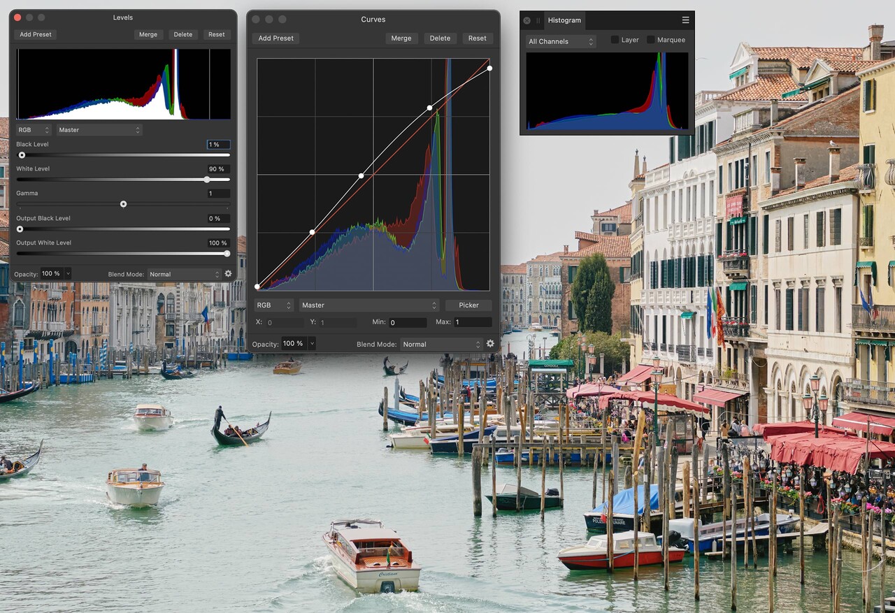 Zleva: Affinity Photo 2 Histogram v Úrovních, Křivkách a jako panel.